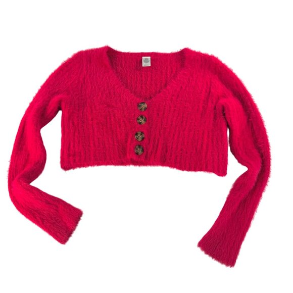 Urban Outfitters cropped fuzzy relaxed cardigan red Y2K kawaii sz S - Picture 1 of 7